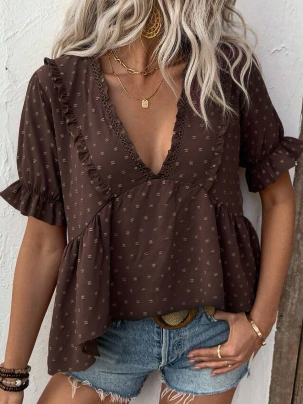 SHEIN Brown Ruffle V-Neck Peplum Blouse